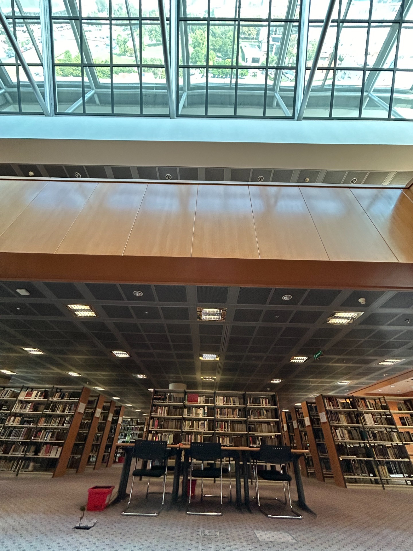 ガラスキューブを見上げる書架